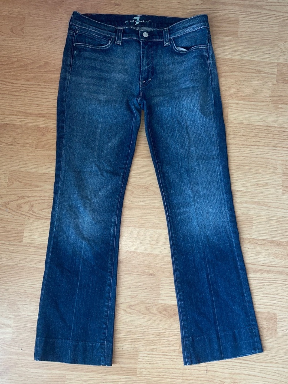 7 For All Mankind Boot Cut Dark Distressed Washed Full Length Denim Jeans Size31